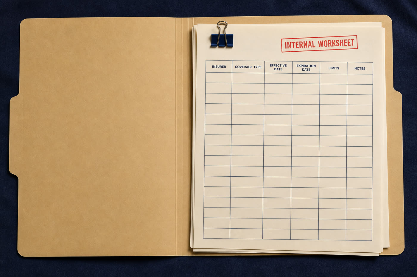 Open manila folder with an internal worksheet grid, stamped INTERNAL WORKSHEET.